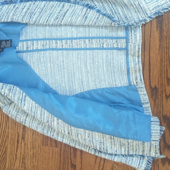 Etcetera Lux Blue Tweed Fringed Cropped Shorter 3/4 Jacket Blazer Sz 6 - Picture 9 of 12